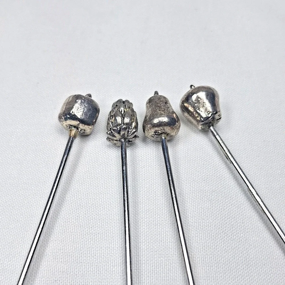 Set Of 6 Silver Fruit Topped Hors d'oeuvre‎ Forks Cocktail Picks Olive Bar Metal
